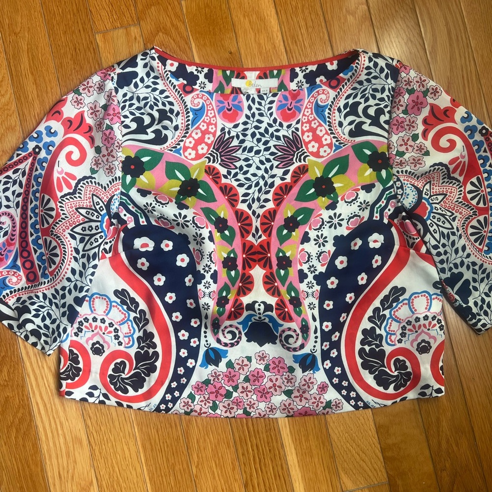 Boden Elizabeth Toop Blue Pink Red Paisley Graphic Crop Blouse
